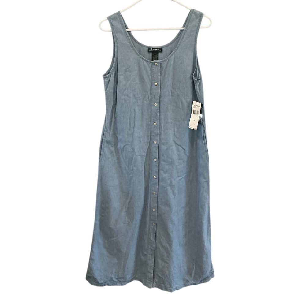 Ralph Lauren‎ Womens Cotton Denim Midi Sun Dress 8 Blue Jean Western Preppy NWT